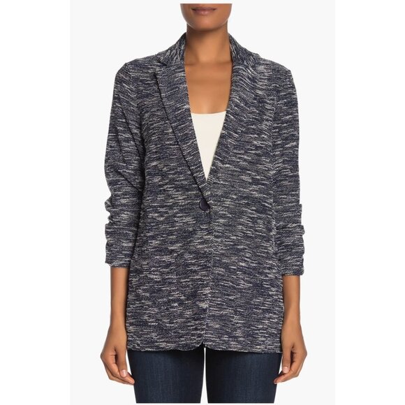 Max Studio Navy Blue Tweed 3/4 Ruched Sleeve Blazer Size M Jacket Pockets - Picture 1 of 11